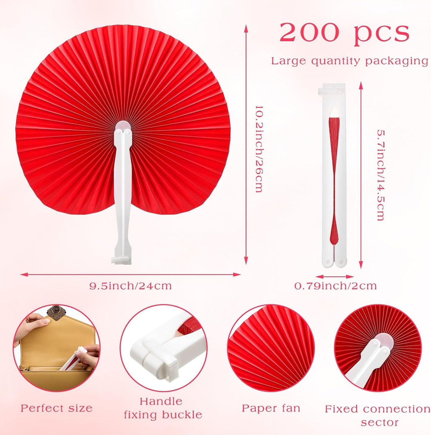 Handepo 200 Pieces Wedding Fans Folding Paper Fans Paper Fans Round Shaped Folding Fans Handheld Fan with Plastic Handle for Wedding Celebration Birthday Party Favor (Red)