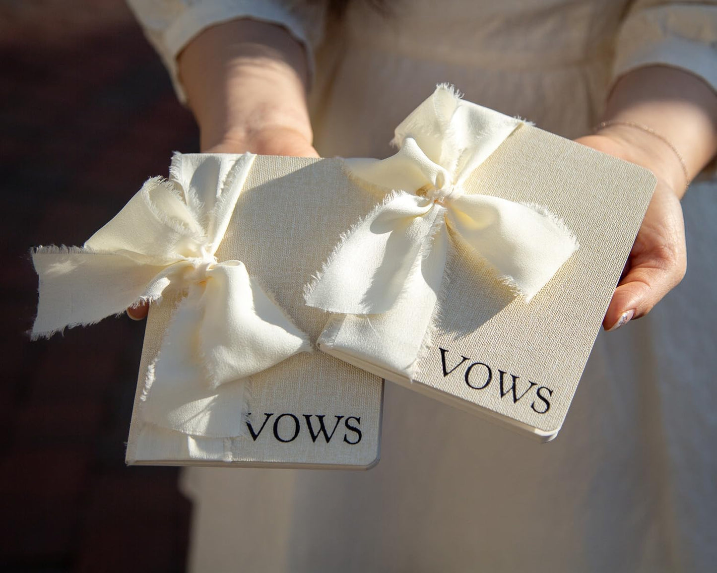 Cream Embossed Slim Vow Books w/Ribbon (Set of 2) - 5.625 x 4 Minimalist Pocket Sized Wedding Ceremony Vow Renewal Speech Notebook Journal