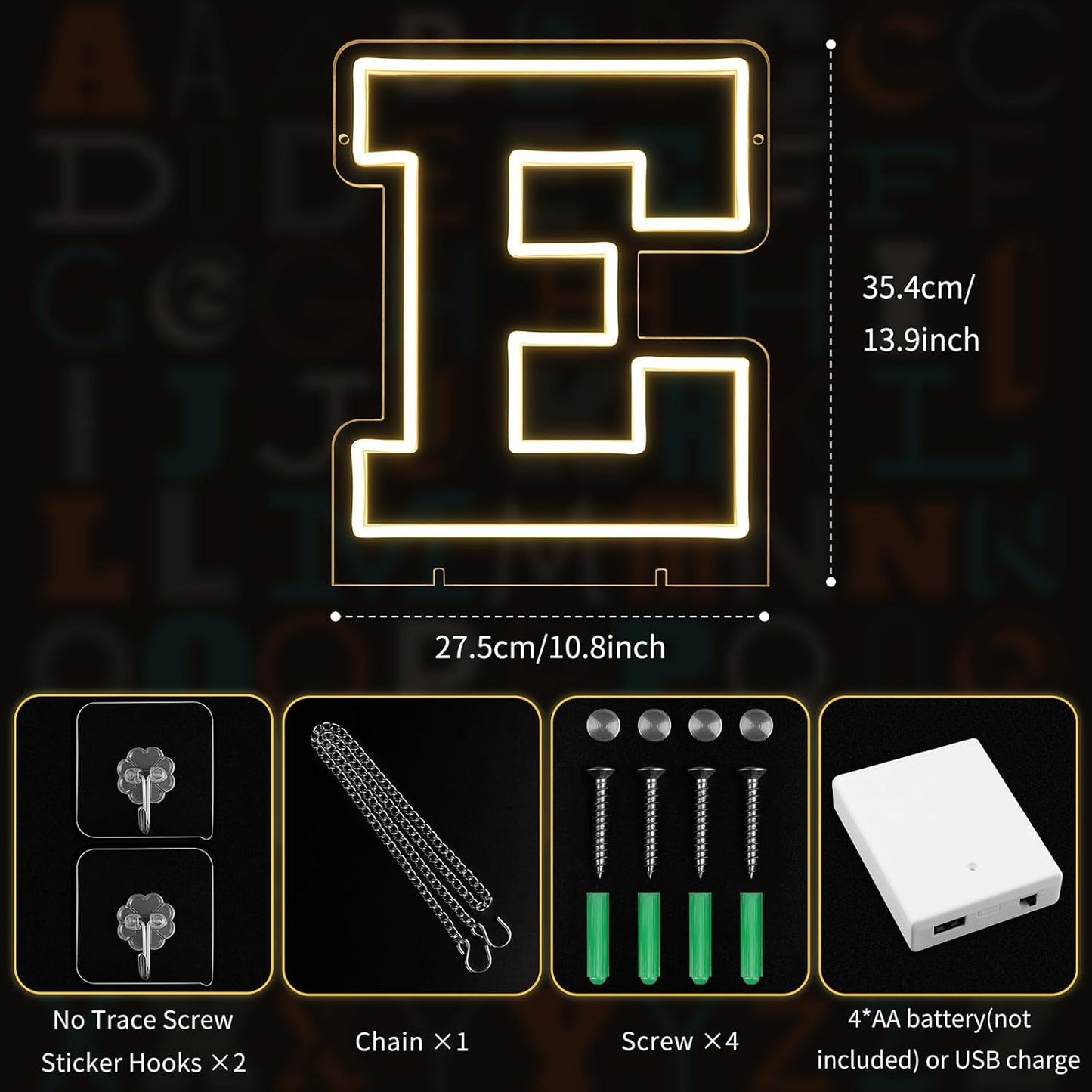 Light Up Letters E, Led Marquee Letter Lights Neon Sign, 13.9" Height Decorative Lighted Alphabet Number, Battery/USB Powered Led Letters Lights for Wedding, Birthday, Party, Christmas or Home Decor