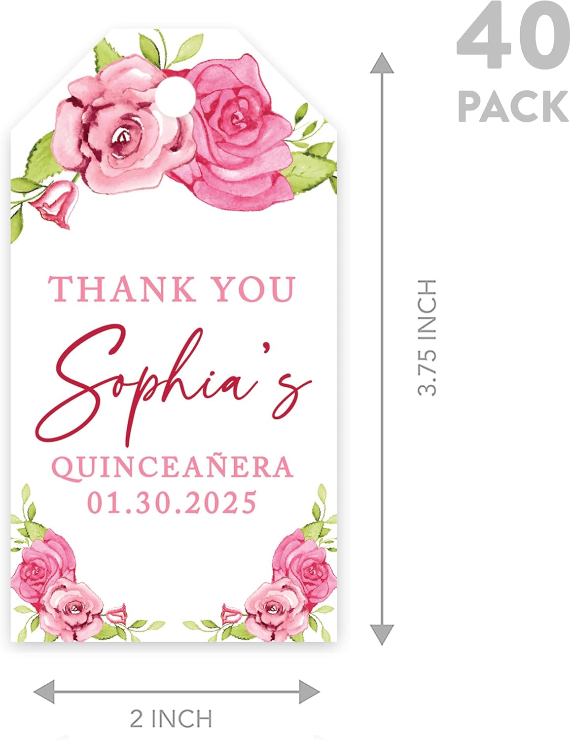 Andaz Press 40-Pack Personalized Quinceañera Favor Tags with String, Pink Roses Custom Classic Thank You Gift Tags for Quince Años XV 15th Birthday Favor Gifts, Quinceanera Decorations