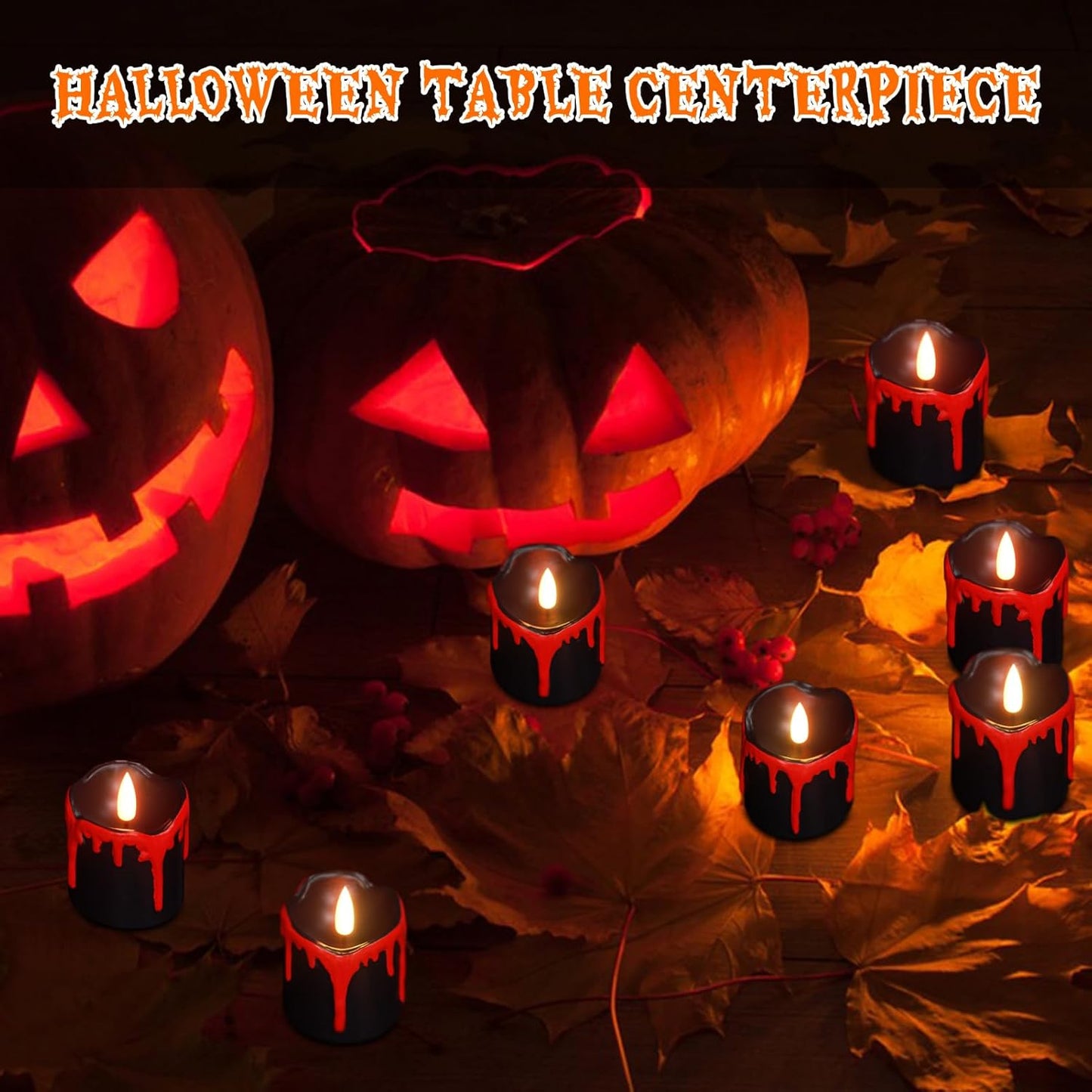 Halloween Black Votive Candles Battery Operated with Long Lasting CR2450 Batteries, LED Flameless Flickering Candles with 6H Timer, 6Pcs Black and Red Drip Wax Candle Gothic Home Decor