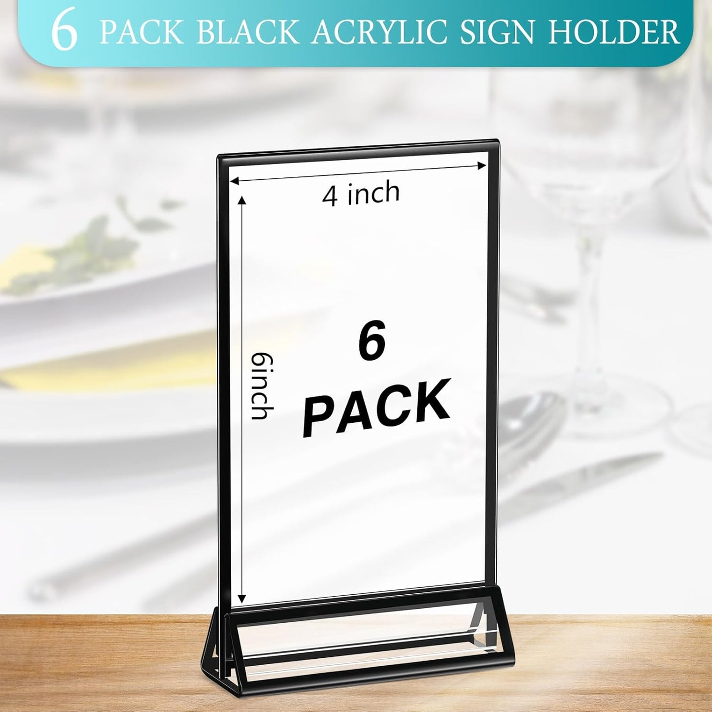 Zonon Acrylic Sign Holder 5x7, 6 Pack Vertical Double Sided Menu Display Stand with Borders, Double Sided Wedding Table Menu Holders Picture Frames for Restaurant, Christmas Party(4 x 6 Inch)
