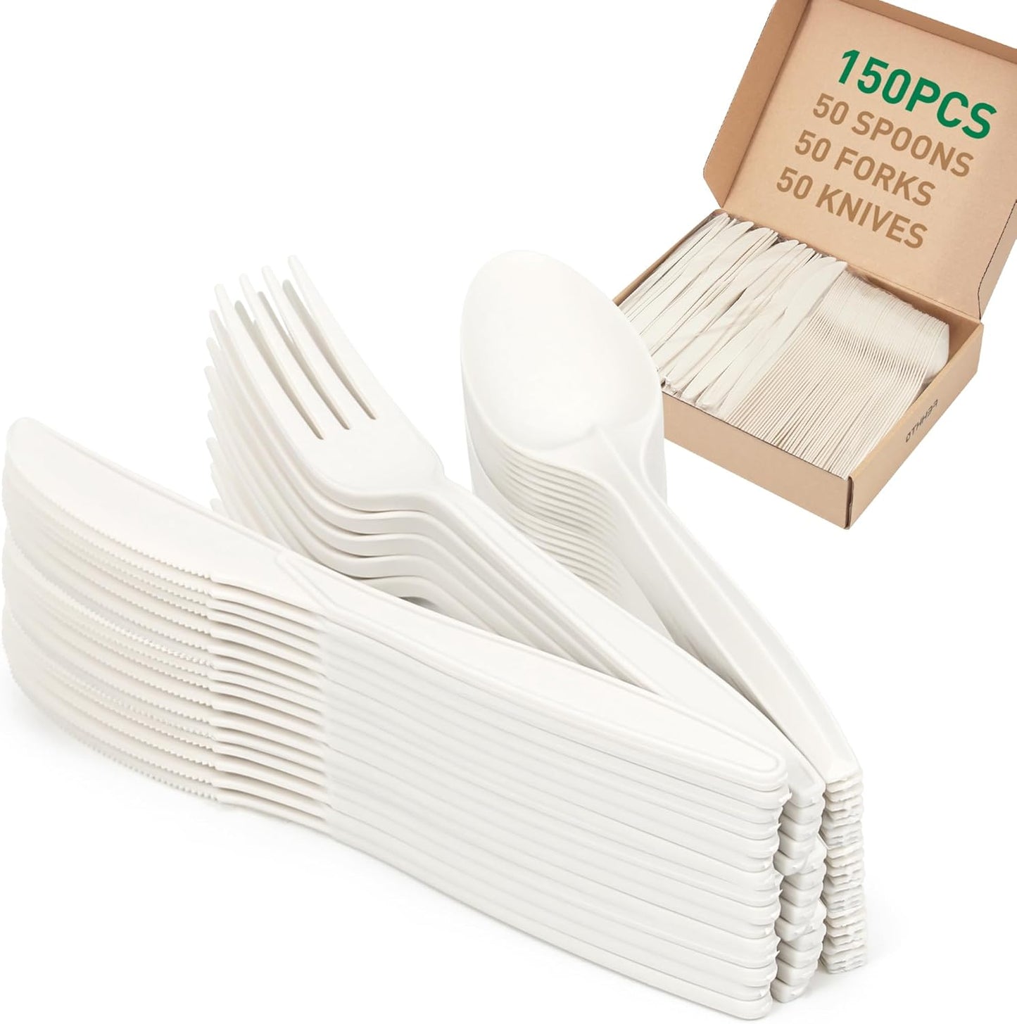 100% Compostable Cutlery Set,150pcs (50 Forks,50 Spoons,50 Knives) Disposable Cornstarch Utensils Heavy Duty BPI Certified Eco-Friendly Party Supplies No Plastic, Ivory White