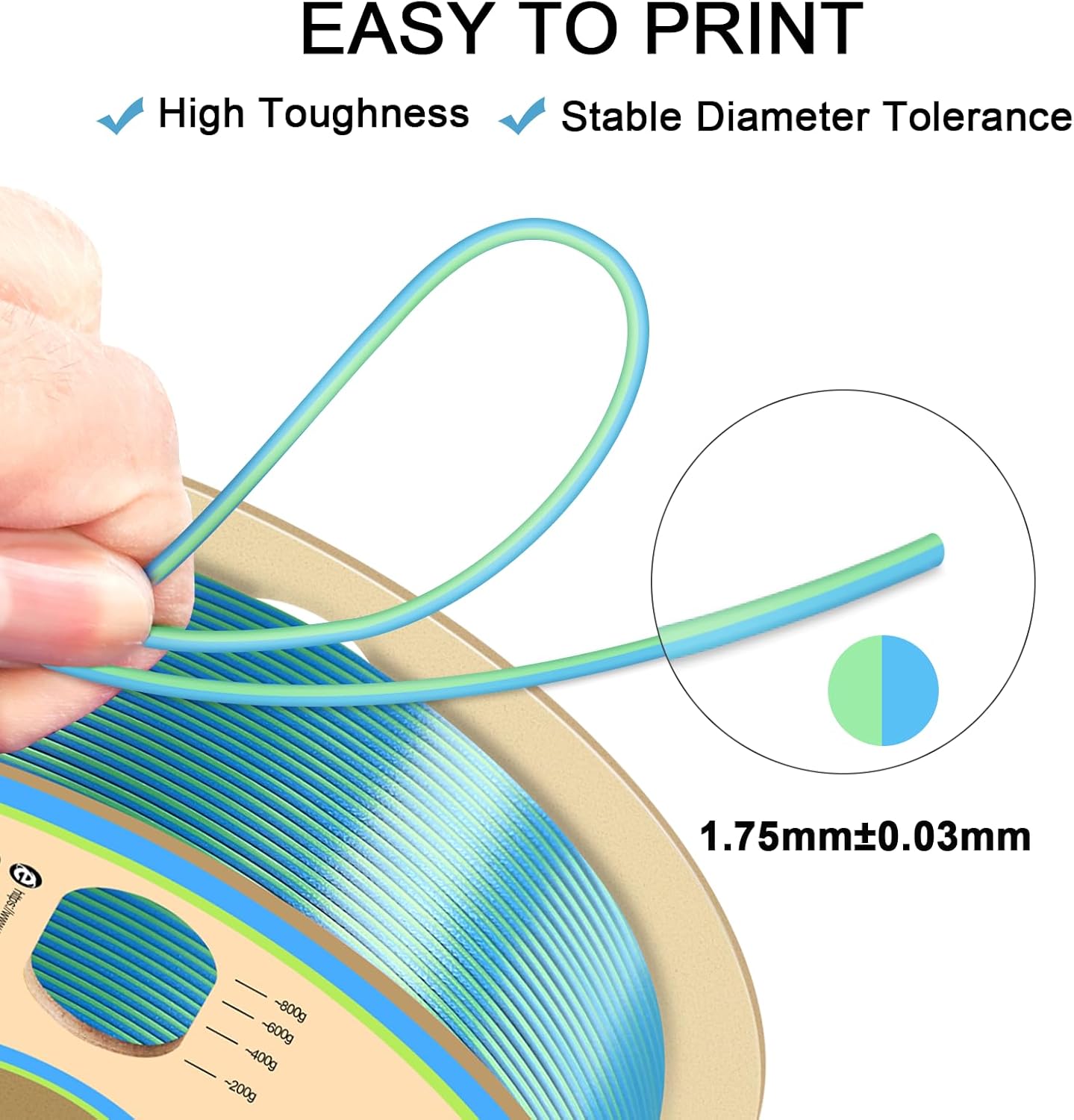 YOUSU Silk PLA Filament 1.75mm, 3D Printer Filament Coextrusion Filament Dual Color, Compatible with Most of 3D Printer, Silk Blue Green 1kg(2.2lbs).