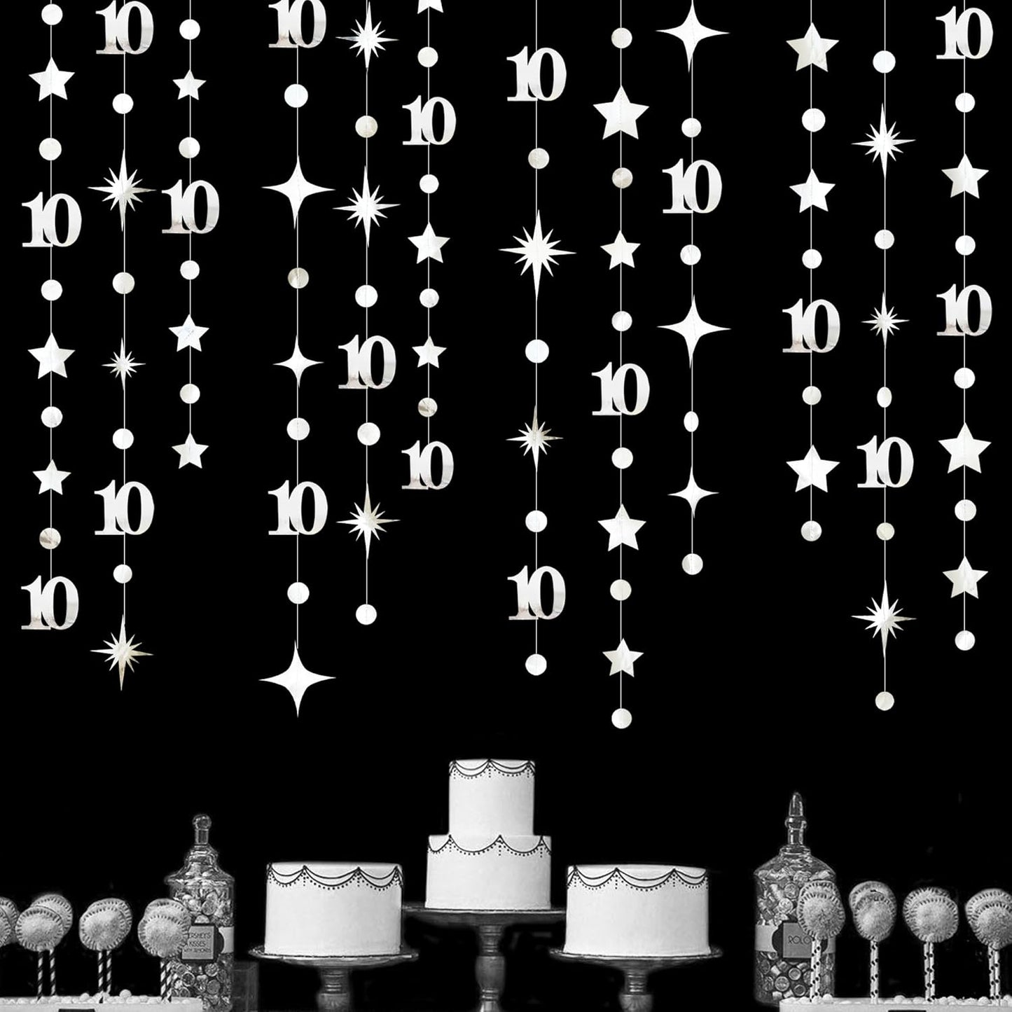 Silver 10th Birthday Decorations Number 10 Circle Dot Twinkle Star Garland Metallic Hanging Streamer Banner Backdrop for Girls Boys Double Digits Ten Year Old Birthday 10th Anniversary Party Supplies