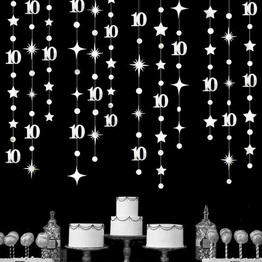 Silver 10th Birthday Decorations Number 10 Circle Dot Twinkle Star Garland Metallic Hanging Streamer Banner Backdrop for Girls Boys Double Digits Ten Year Old Birthday 10th Anniversary Party Supplies