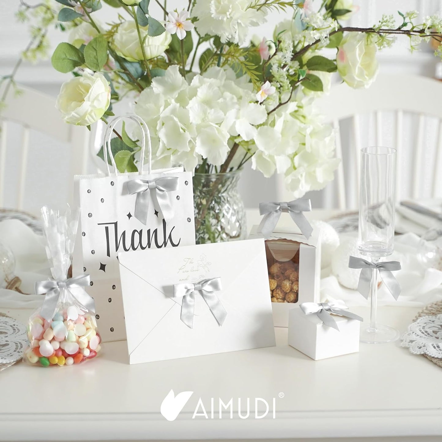 AIMUDI Silver Satin Ribbon Twist Tie Bows 2.5" Pretied Bows Premade Craft Bows for Treat Bags Cake Pop Gift Wrapping Basket Wedding Favors Cookie Candy Bagging Baby Shower - 50 Counts