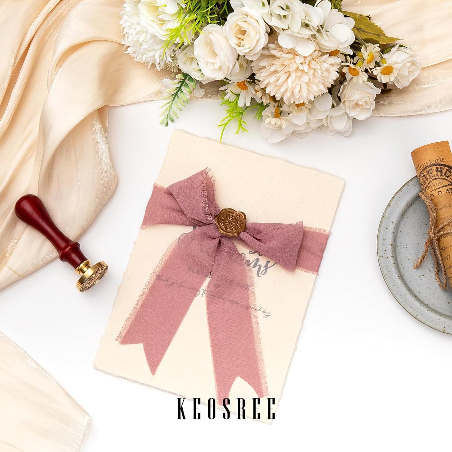 3 Rolls Dusty Rose Handmade Chiffon Ribbon,1.5" x 21Yd Frayed Fringe Silk Mauve Ribbons (3 Rolls *7Yd) for Gifts Wrapping, Wedding Invitations, Bridal Bouquets, Decorations