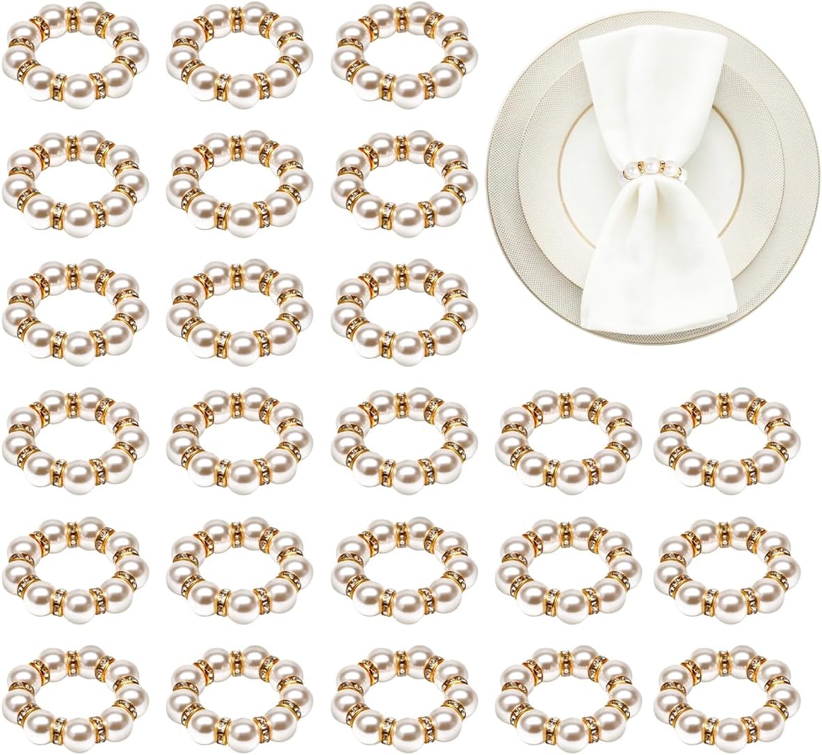 50Pcs Pearl Napkin Rings, Imitation Pearl Napkin Rings Holder, Disposable Beaded Serviette Napkin Buckles for Wedding Reception Party Banquet Dinner Table Decor (Pearl Gold, 50 Pcs)