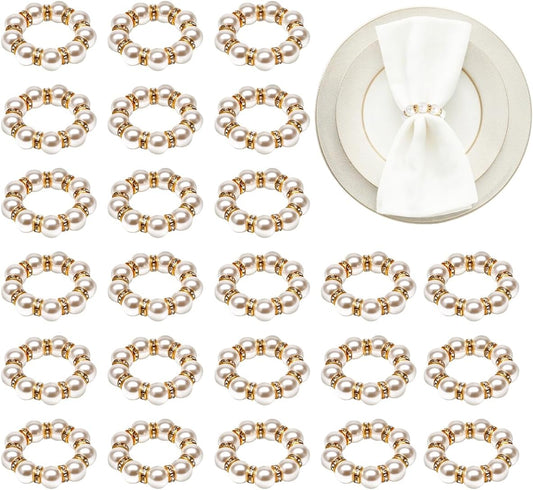 50Pcs Pearl Napkin Rings, Imitation Pearl Napkin Rings Holder, Disposable Beaded Serviette Napkin Buckles for Wedding Reception Party Banquet Dinner Table Decor (Pearl Gold, 50 Pcs)