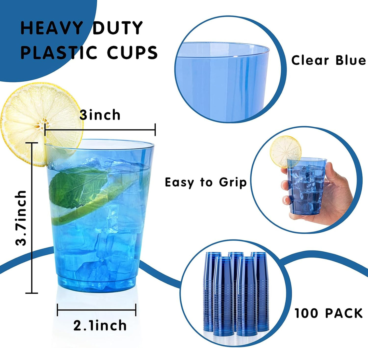 DaYammi 100 Pack Clear Blue Plastic Cups 10 Oz, Blue Cups for Party Disposable Wine Glasses Heavy Duty Disposable Tumblers Drinking Cocktail Glasses for Wedding