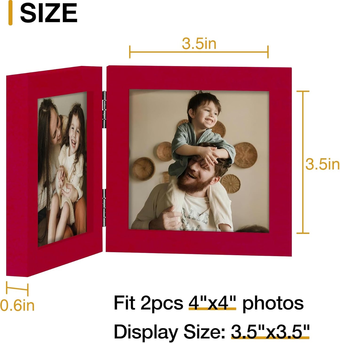 decorUhome Double 4x4 Picture Frame Vertical, Engineered Wood Bifold Photo Frame with Plexiglass for Tabletop Display, 4x4, Red