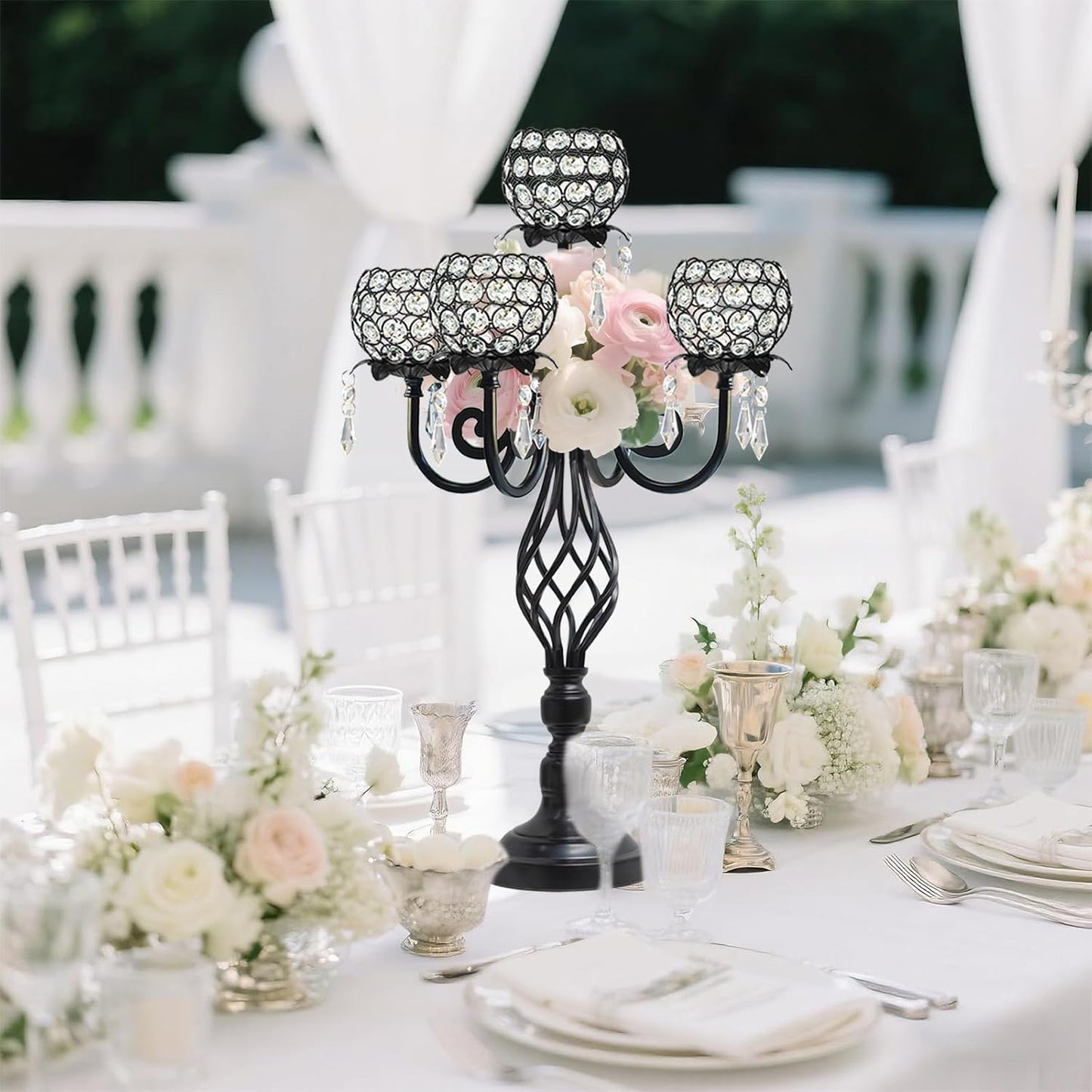 5-Arm Crystal Candelabra Centerpiece 23.2" Tall - Elegant Candle Holder Stand with Crystal Bowl, Chic Table Decor for Weddings, Parties, Anniversary & Home Decoration (2, Black)