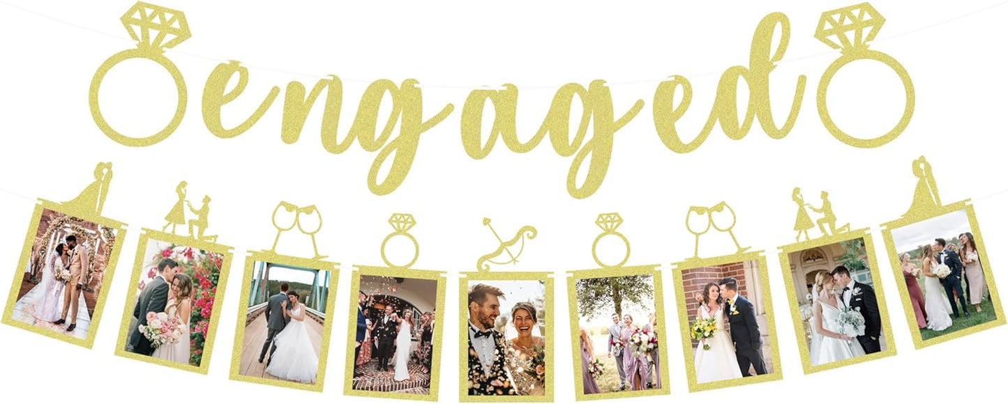 Pre-Strung Engaged Photo Banner - Gold Glitter Engagement Party Decoration Supplies with Romantic Memories Picture Card Frames for Bachelorette, Bridal Shower, Wedding Party Photo Booth Props