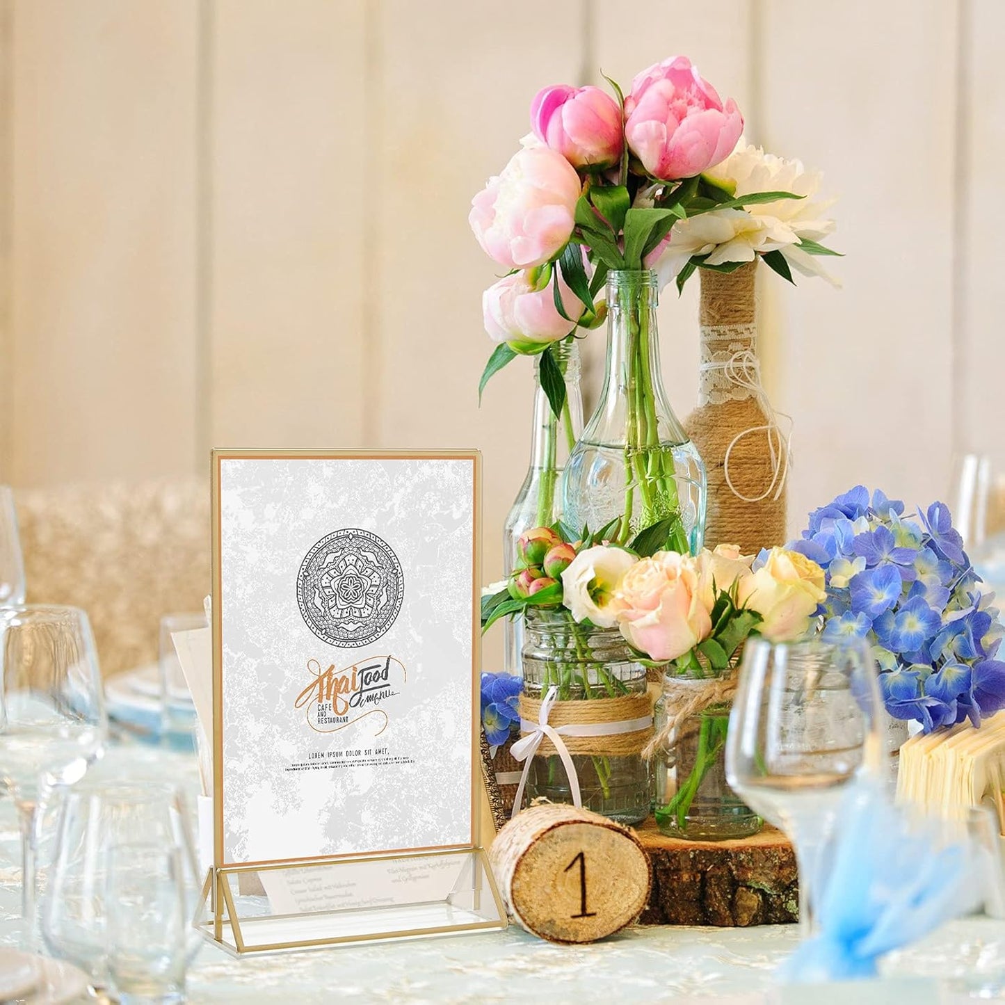 16 Pieces Gold Rimmed Clear Acrylic Table Sign Holders, Double Sided Frame with Gold Border and Vertical Stand for Wedding Table Number, Restaurant Sign, Photo Display, Menu Holder (4 x 6 Inch)