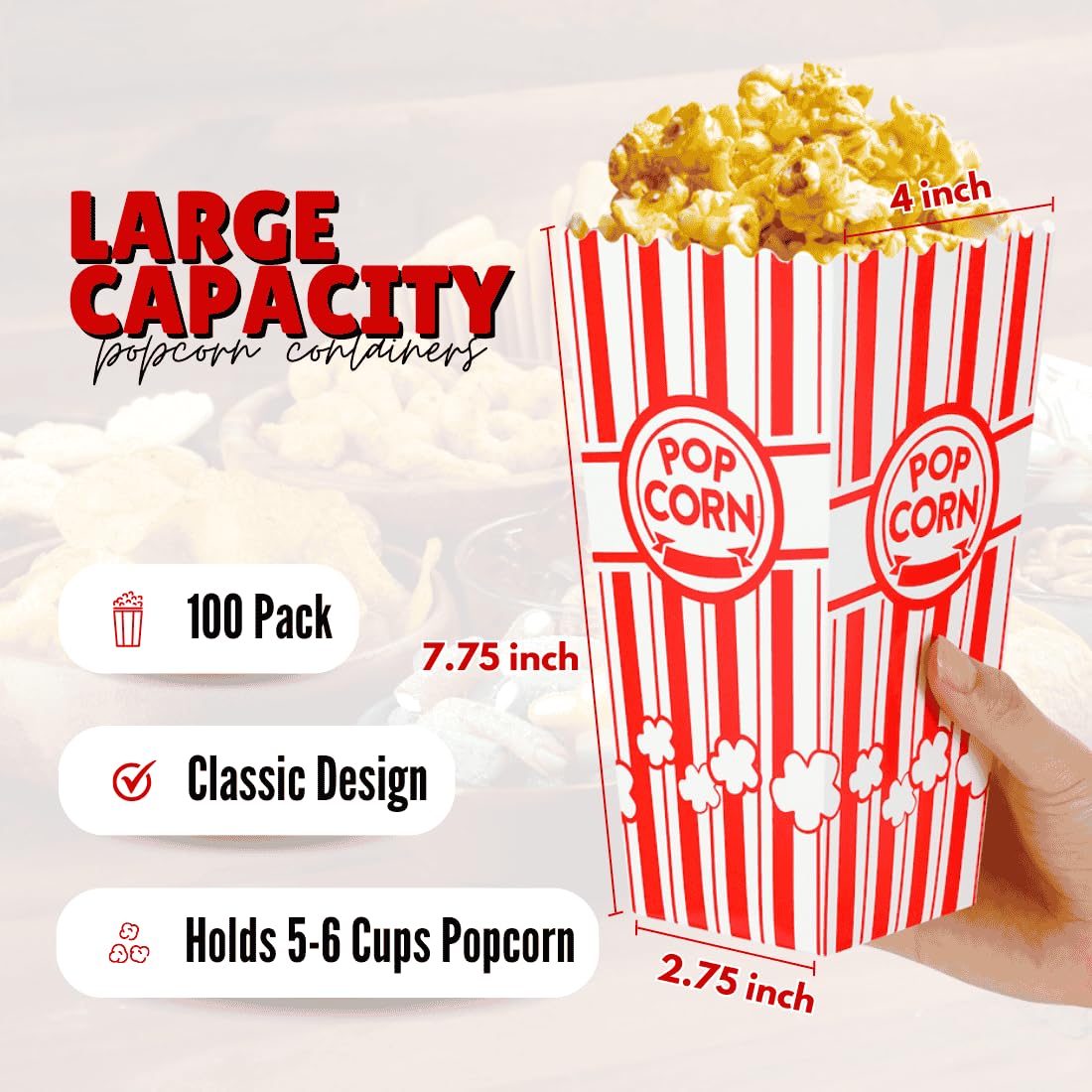 ZEEGO0 100-Pack Popcorn Boxes, Sturdy and Durable Popcorn Bucket, 7.75in Tall Large Capacity Containers, Cups & Bowls, Convenient Movie Night Supplies, Perfect for Families, Parties, Carnivals
