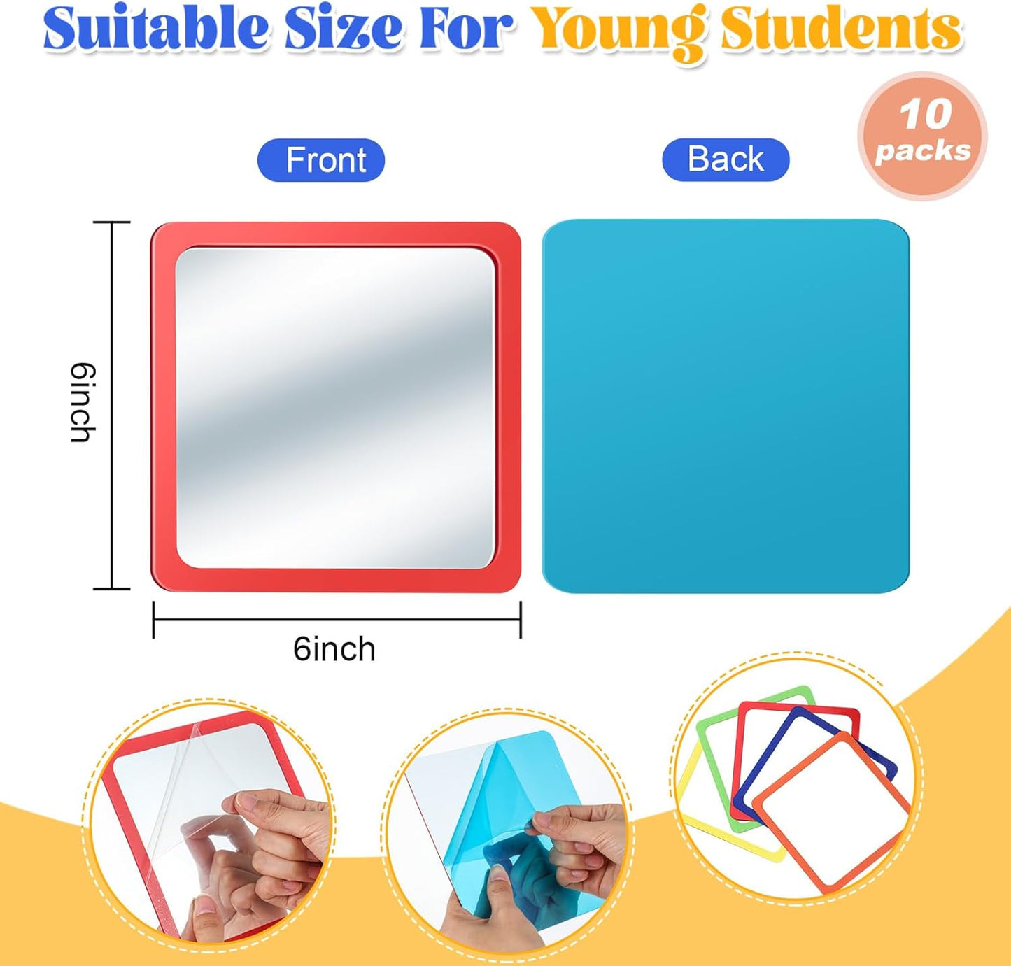 Dandat 10 Pcs Small Mirrors for Kids 6 x 6 Inch Square Shatter Proof Reflector Toddler Glass Plastic Reflector for Classroom DIY Craft Preschool Facial Expression (Multicolor)