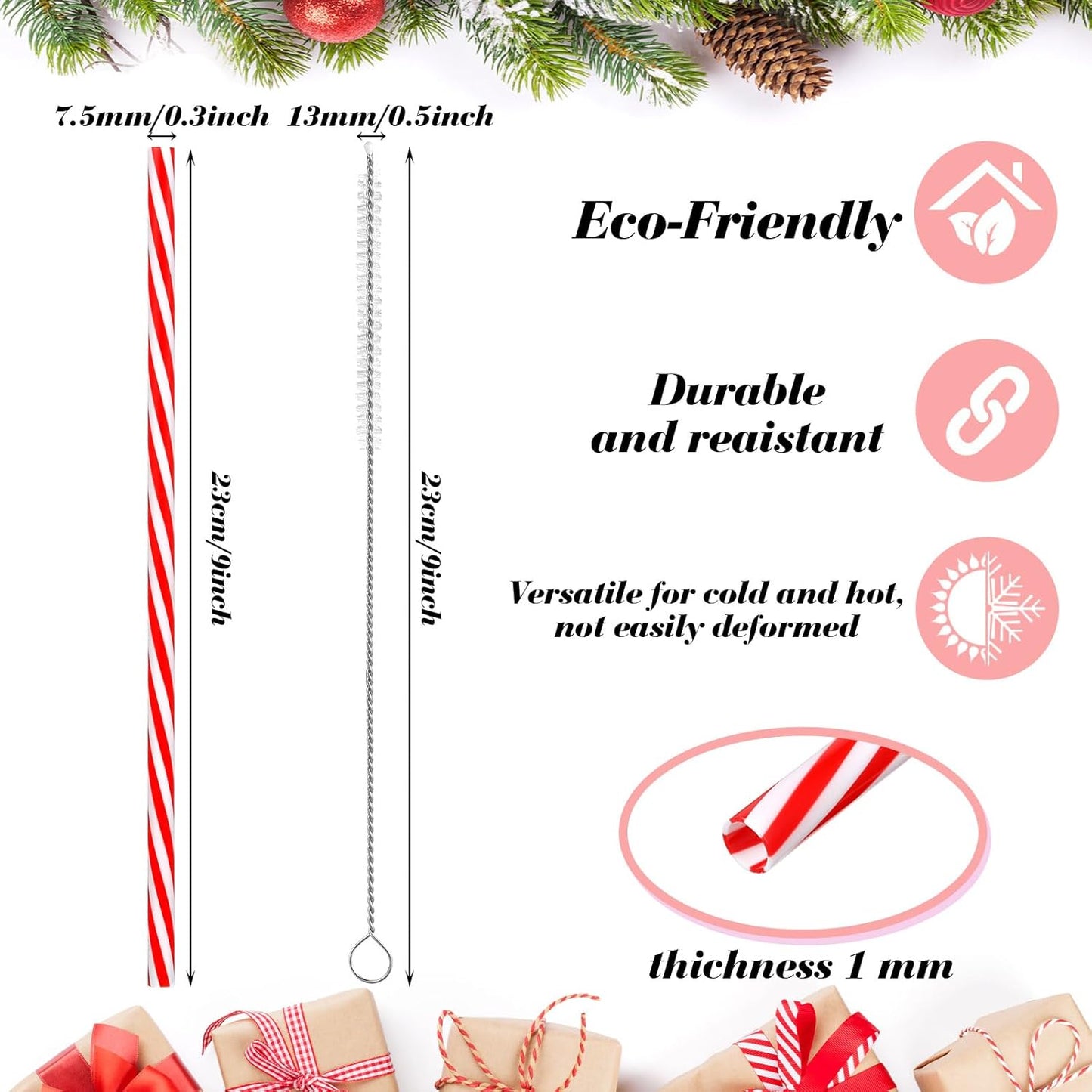 Vesici 9 Inch Plastic Striped Straws Reusable with Cleaning Brush Red Striped Hard Drinking Straws for Christmas Party Decoration Supplies(Red and White,102 Pcs)