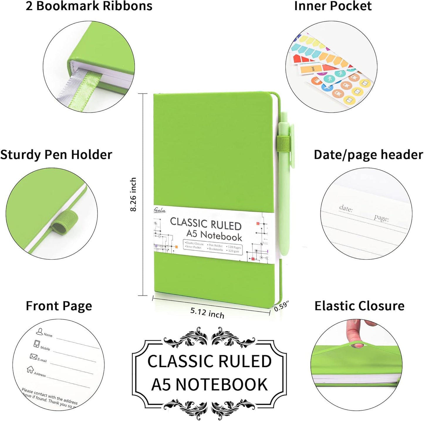 feela 5 Pack Notebooks Journals Bulk, Hardcover Notebook Classic Ruled Lined Journals with Pen Holder for Women Girls School Business Supplies, with 5 Black Pens, 120 GSM, 5.1”x8.3”, A5, Green