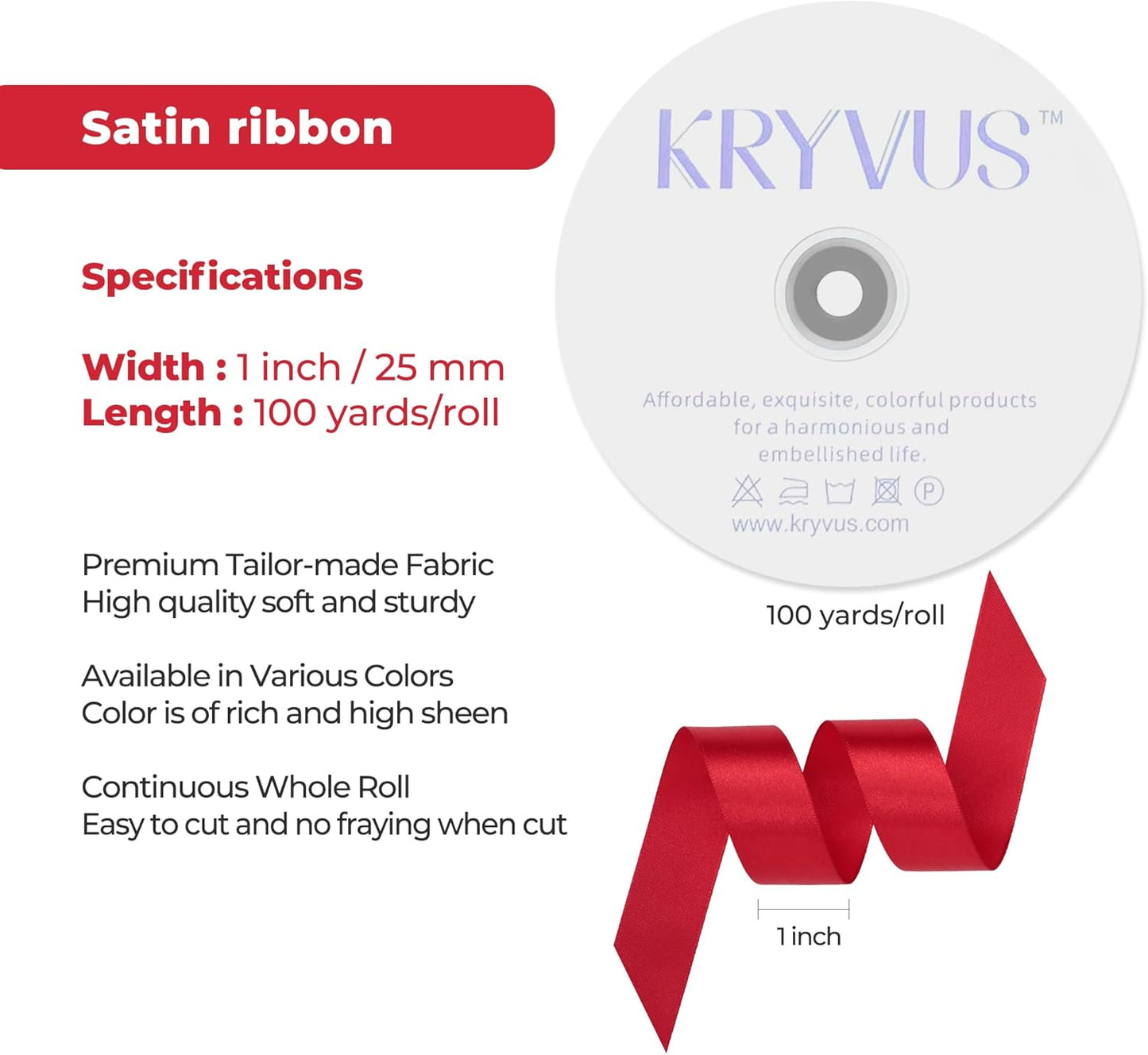 Red Satin Ribbon 1 inch X Continuous 100 Yards, Single Face Polyester Ribbon Perfect for Gift Wrapping, Flower Bouquet, Wedding Decor, Crafts, Bow Making, Sewing and More