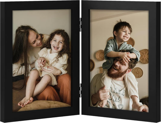 decorUhome Double 5x7 Picture Frame Vertical, Engineered Wood Bifold Photo Frame with Plexiglass for Tabletop Display, 5x7, Black