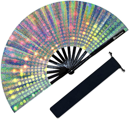 Large Rave Fan, Clack Folding Hand Fan with Premium Fabric, Thick Bamboo Frame for Men Women Gift for EDM, Festival, Club, Party, Dance, Decoration (Lridescent Light, 13")