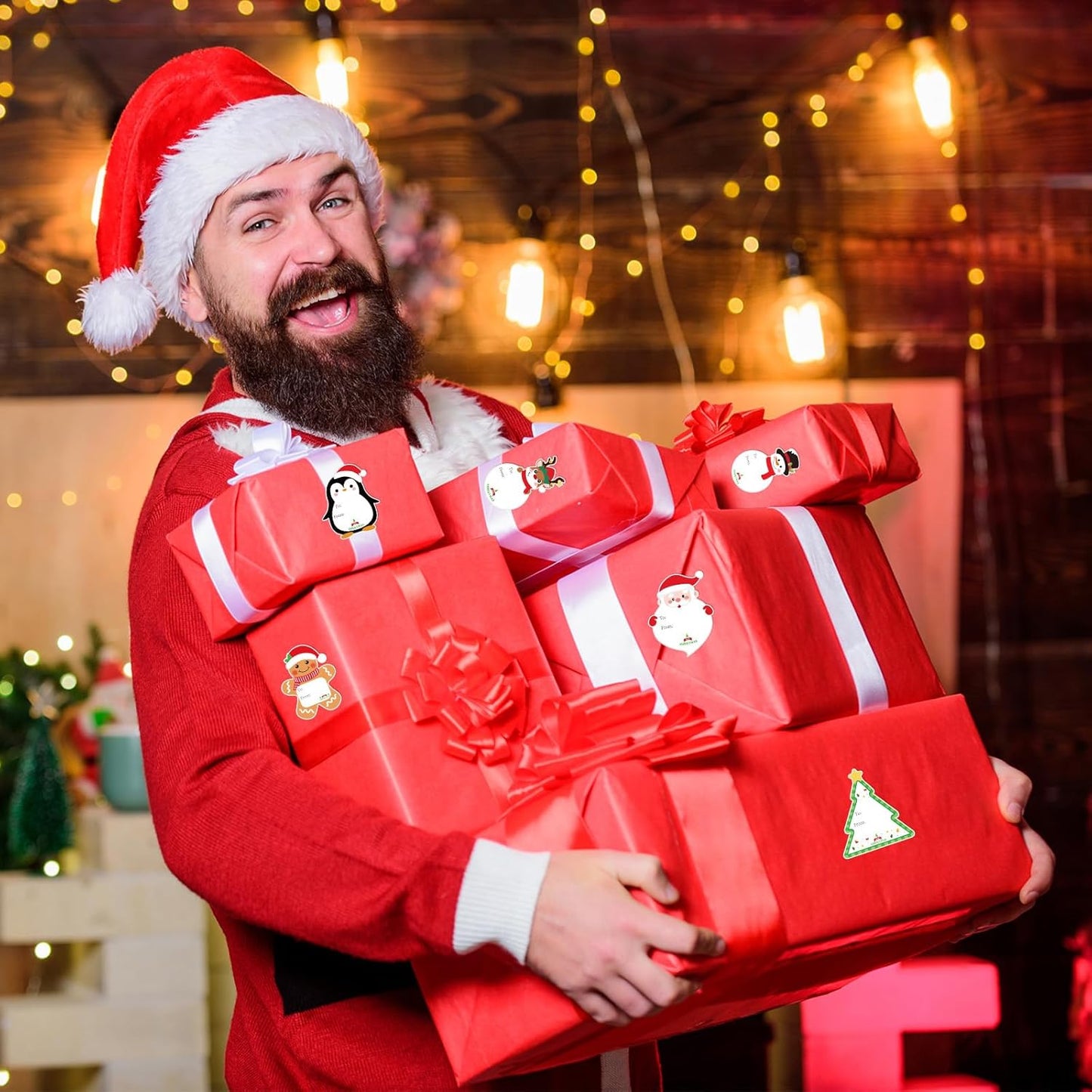 Christmas Gift Tags Stickers, 96Pcs Christmas Gift Labels Stickers, Self-Adhesive Christmas Name Tags for Xmas Gifts Wrap Presents Boxes Decoration, 2 x 3 Inch, Snowman Santa Reindeer Gift Stickers