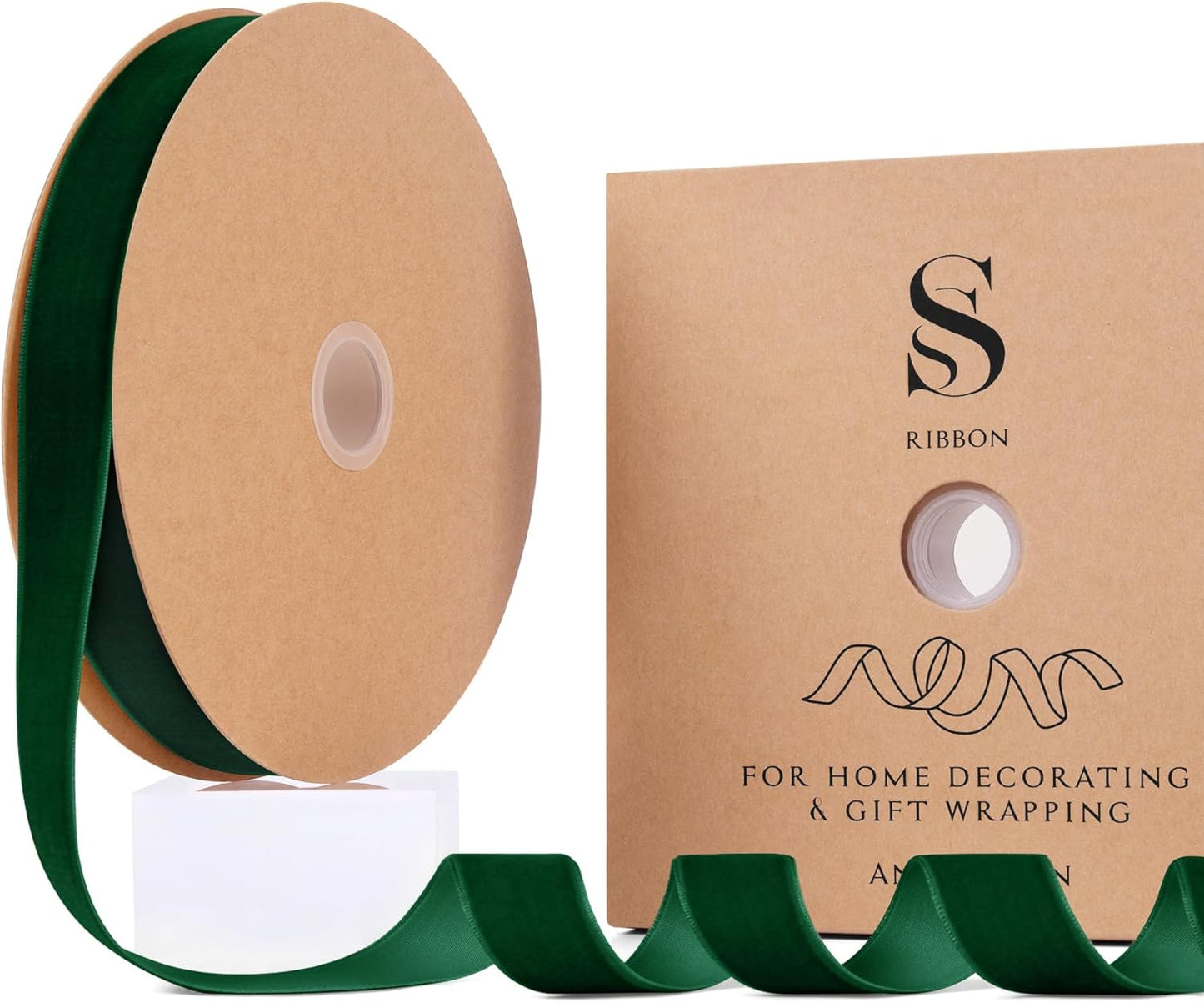 Dark Green Christmas Velvet Ribbon for Tree, Gift Wrapping, Flower Bouquet, Wreath Decorations, Bow Making 1'', 25 Yards