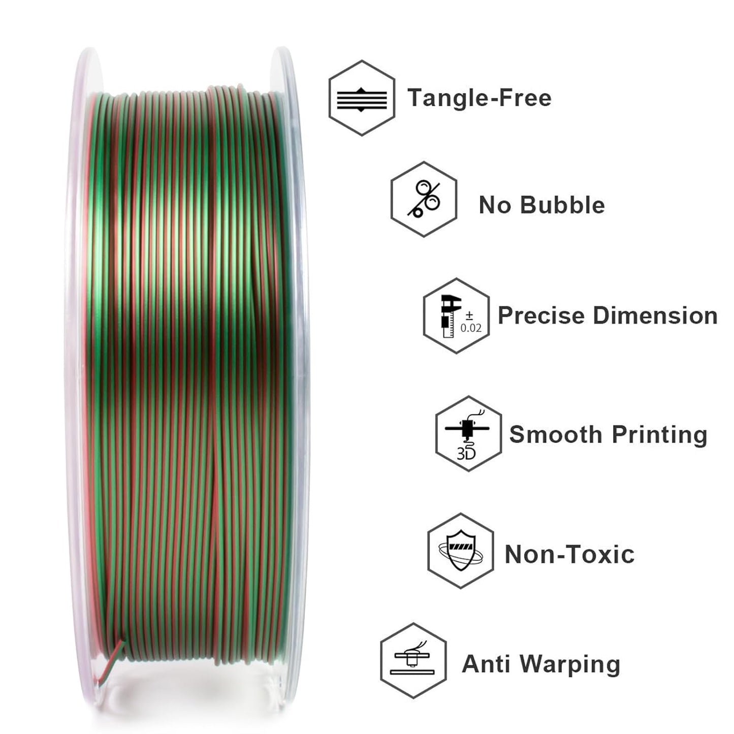 Geeetech Silk PLA Filament 1.75mm Silk Dual Color Filament, Coextrusion Dichromatic Metal-Like Shiny Consumable 1kg (2.2lbs) 1 Spool, Dimensional Accuracy +/- 0.02 mm, Green Red