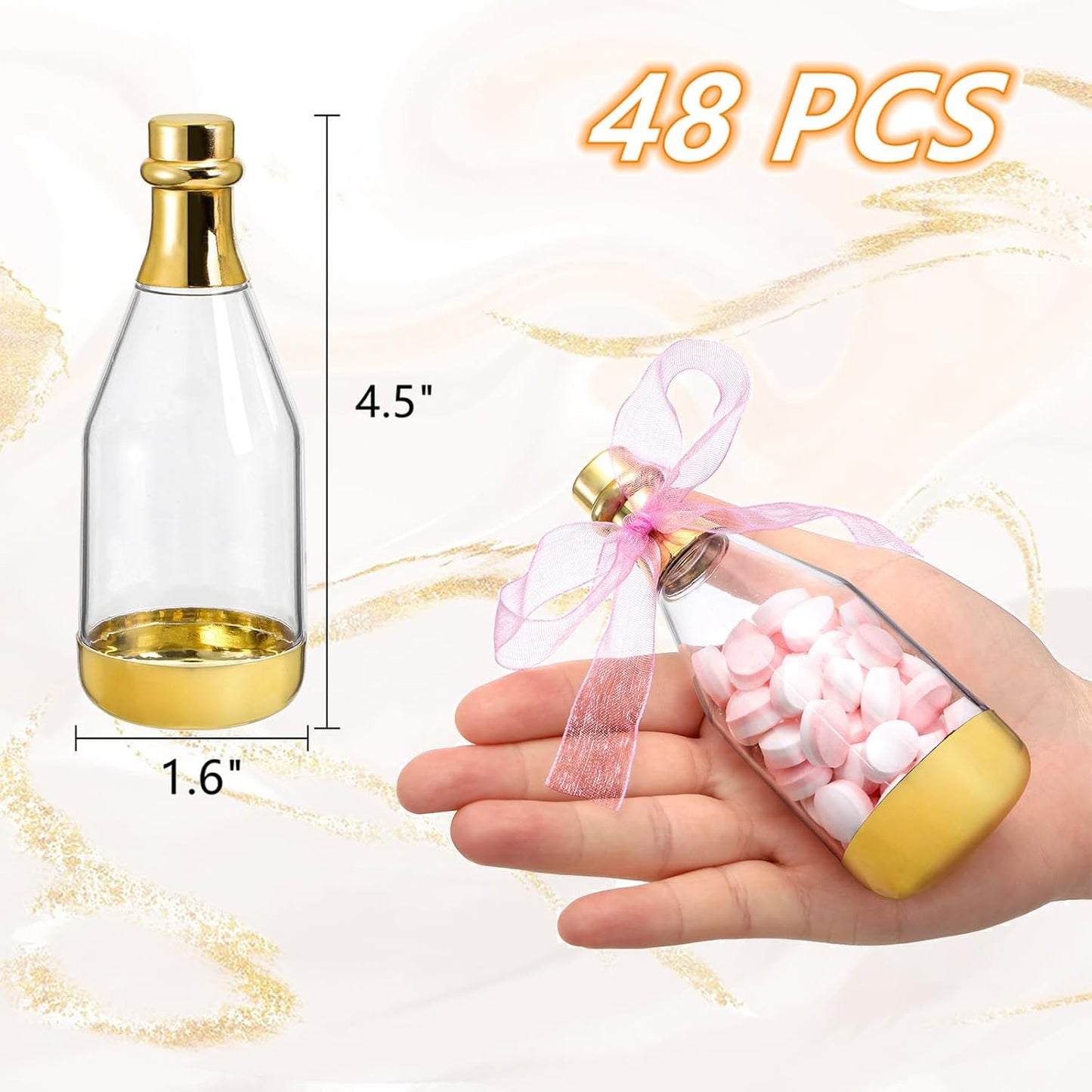 Frcctre 48 Pack Metallic Golden Mini Champagne Bottles, Plastic Champagne Candy Bottles Candy Jar Party Favor Containers for Wedding Birthday Party Bridal Shower Baby Shower