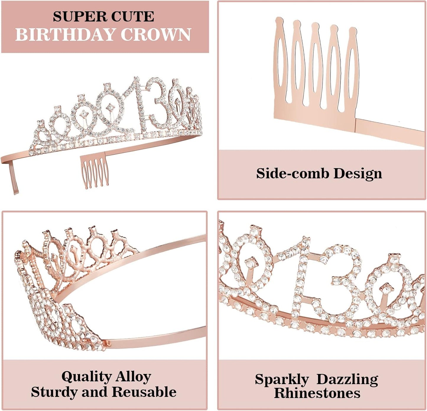 13th Birthday Decorations for Girls, Including Sash, Crown/Tiara, Candles and Cake Topper, Rose Gold Teen Girl Gifts for 13 Year Old Birthday Decorations