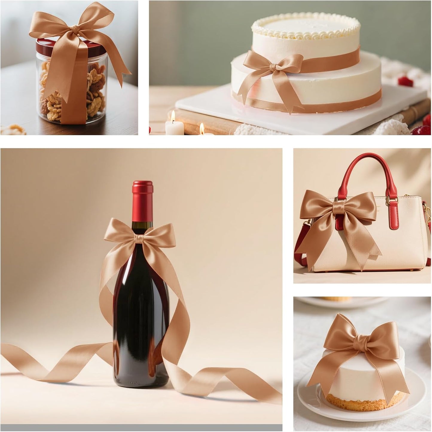 Champagne Gold Satin Ribbon 1 Inch Wide x 50 Yards, Luxury Double Faced Polyester Ribbon for Wedding Decor, Gift Wrapping, Party Crafts, DIY Bows and Holiday Projects