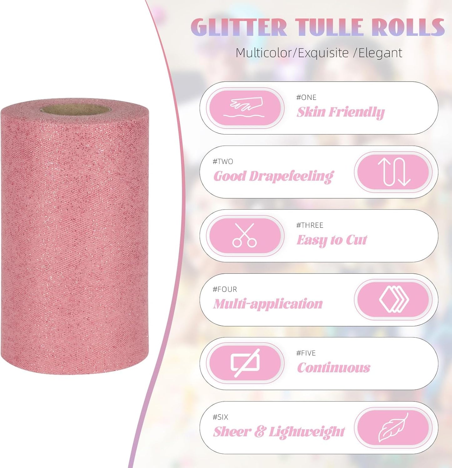 Glitter Tulle Rolls 6” by 50 Yards Sparkle Tulle Fabric Ribbon Sequin Tulle Netting Rolls for DIY Tutu Skirt Wedding Birthday Party Decoration (Rose Gold)