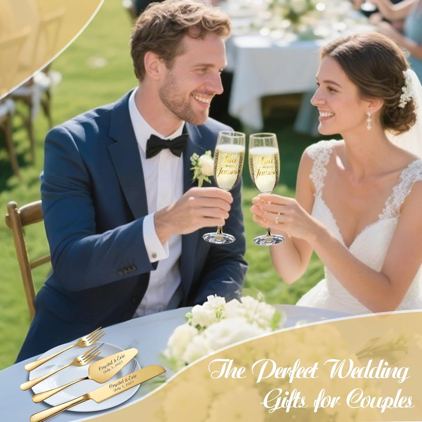 HJX Personalized Wedding Cake Knife and Server Set with Champagne Flutes, Custom Name Text Toasting Glasses for Bride and Groom, Cake Cutting Set Ideal Wedding Engagement Bridal Shower Gift