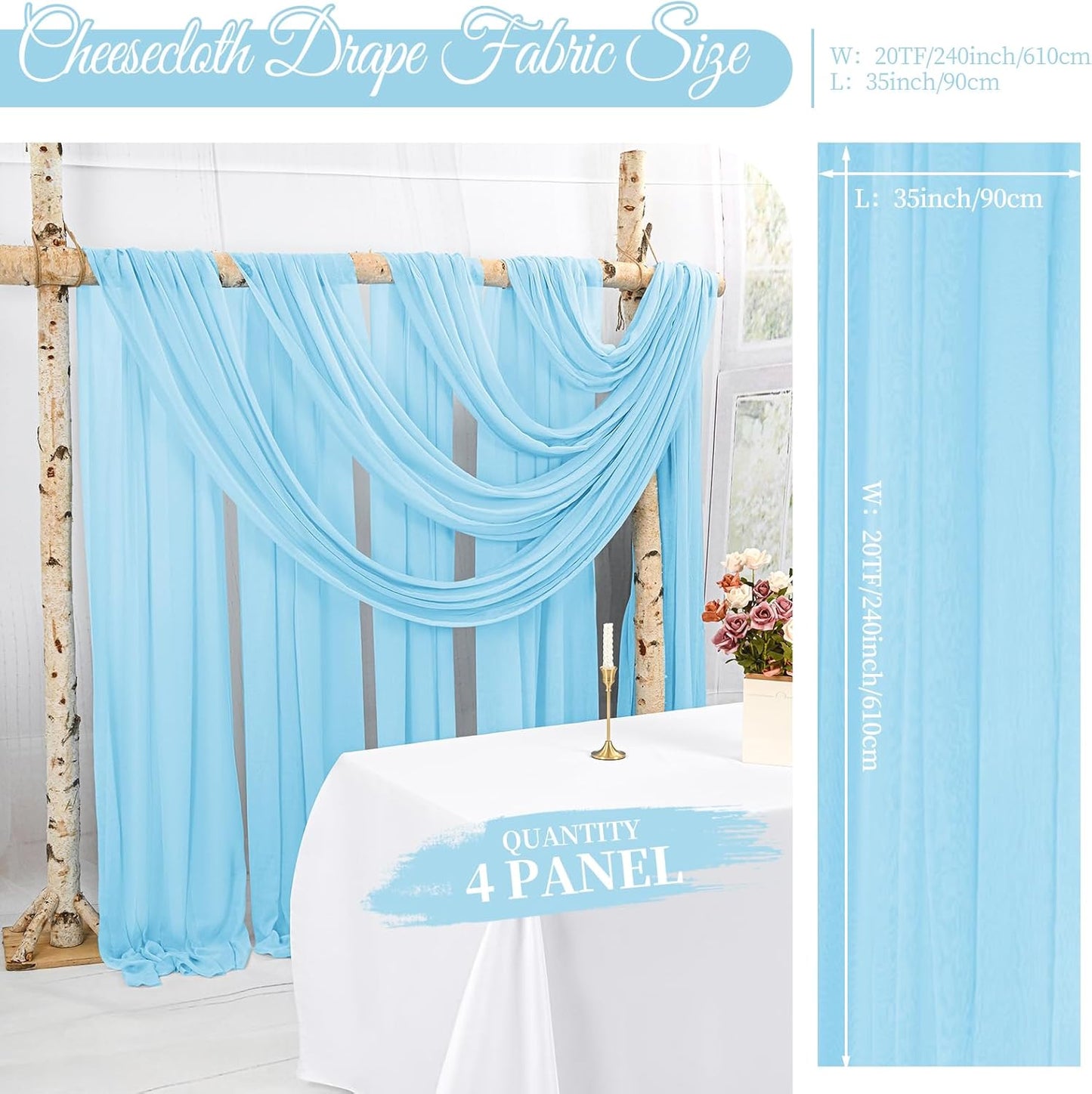 4 Panels Light Blue Wedding Arch Draping Fabric Cheesecloth Fabric 35" x 20FT Gauze Fabric Arch Drapes for Wedding Reception Sheer Backdrop Photo Background Household or Out Door Curtain