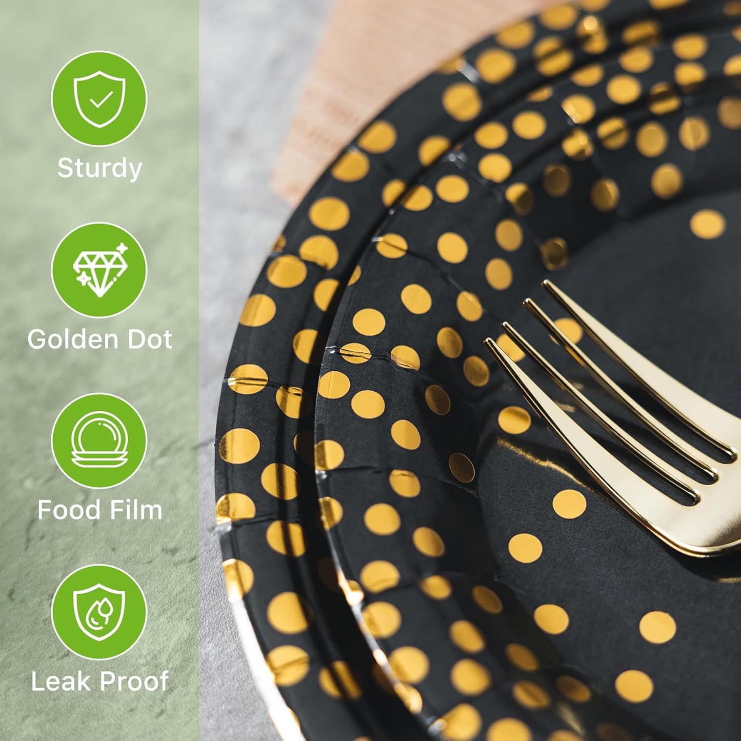 Lullaby 120PCS Black Paper Plates, Black and Gold Paper Plate, 60pcs Dinner Plates 9"，60pcs Dessert Plates 7", Disposable Graduation Plates with Golden Dot for Birthday party, Halloween