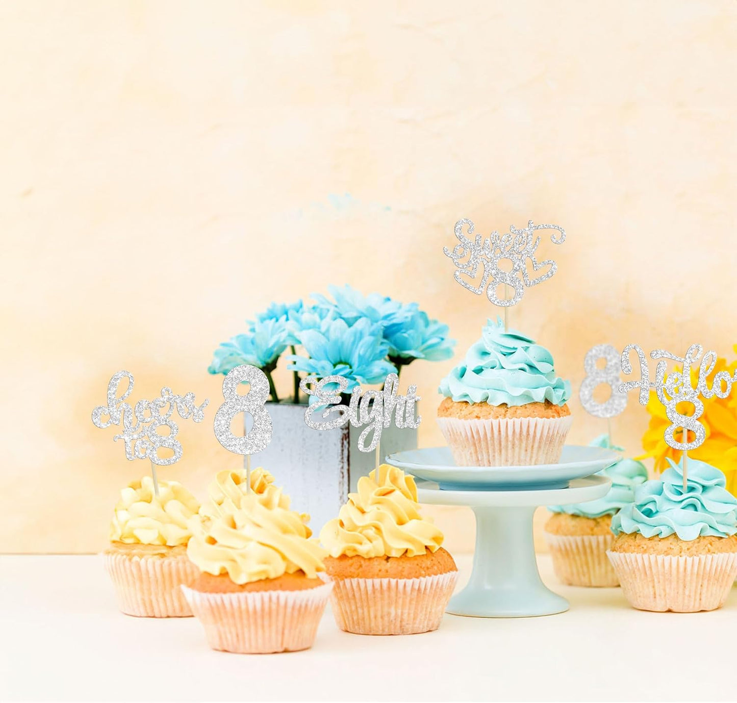30Pcs 8th Birthday Cupcake Toppers Glitter Eight Hello 8 Cupcake Picks Cheers to 8 Years Old Cake Decorations for 8th Birthday Party Supplies Silver