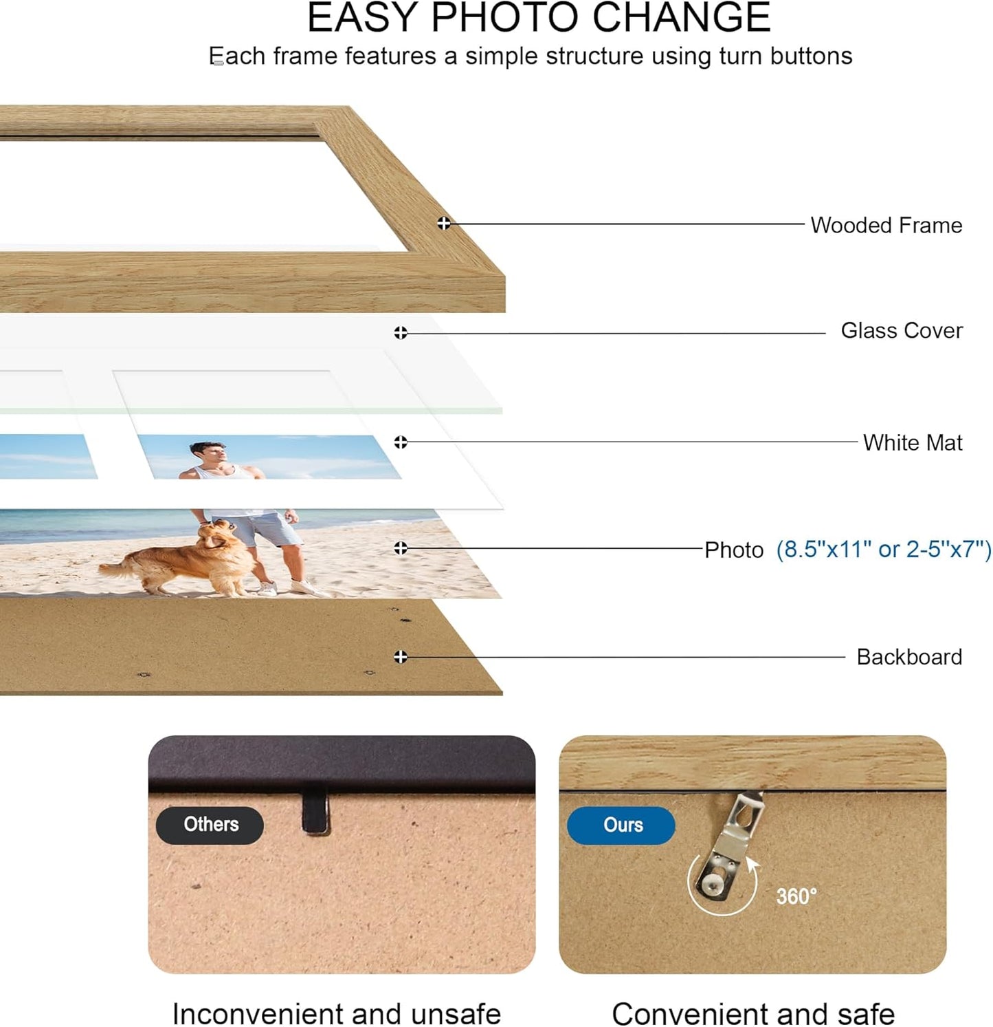 8.5x11 Picture Frame Set of 2, Natural Oak Certificate Document Frames with Glass Collage Frame, Display Pictures Two 5x7 With Mat or 8.5 x 11 Without Mat for Wall Hanging or Tabletop