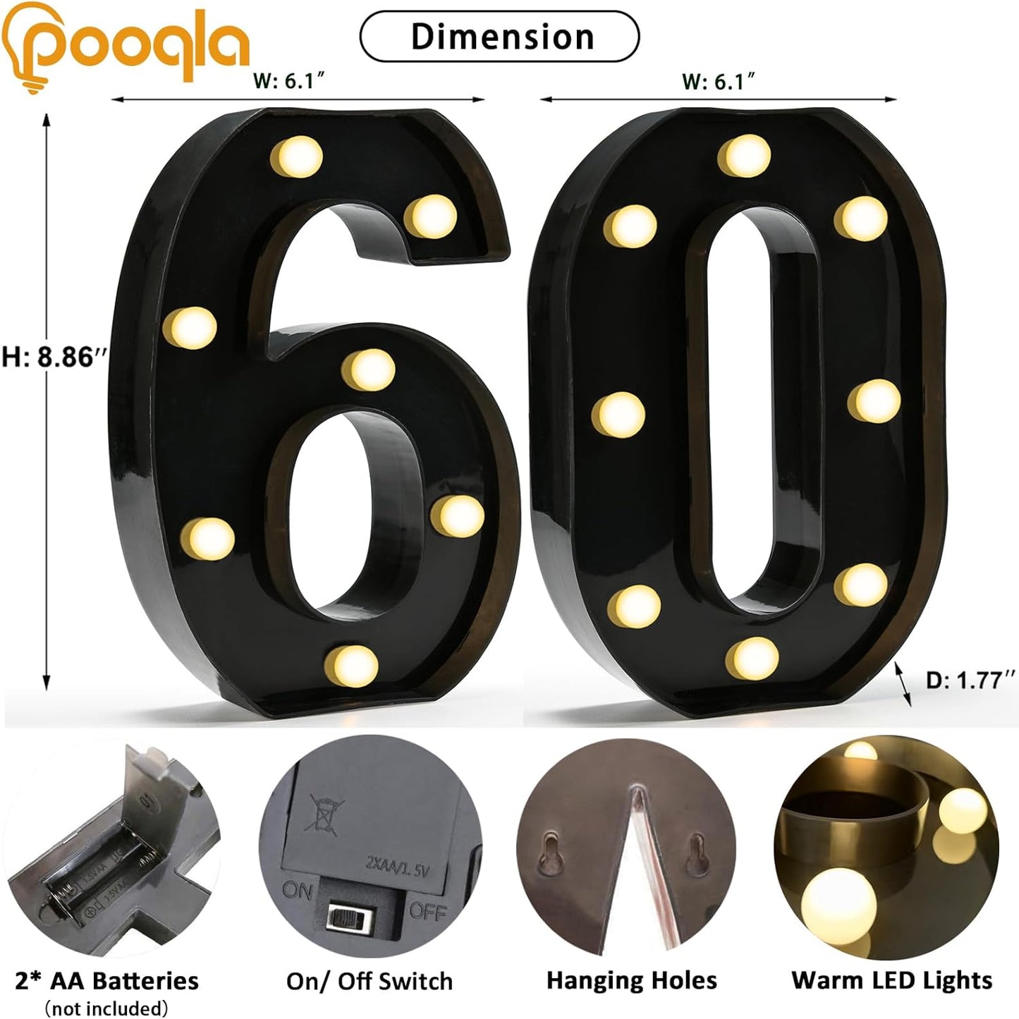 Pooqla Decorative Led Light Up Number Letters, Black Plastic Marquee Number Lights Sign for 60th Birthday Party Wedding Decor Battery Operated Black Decoration 60