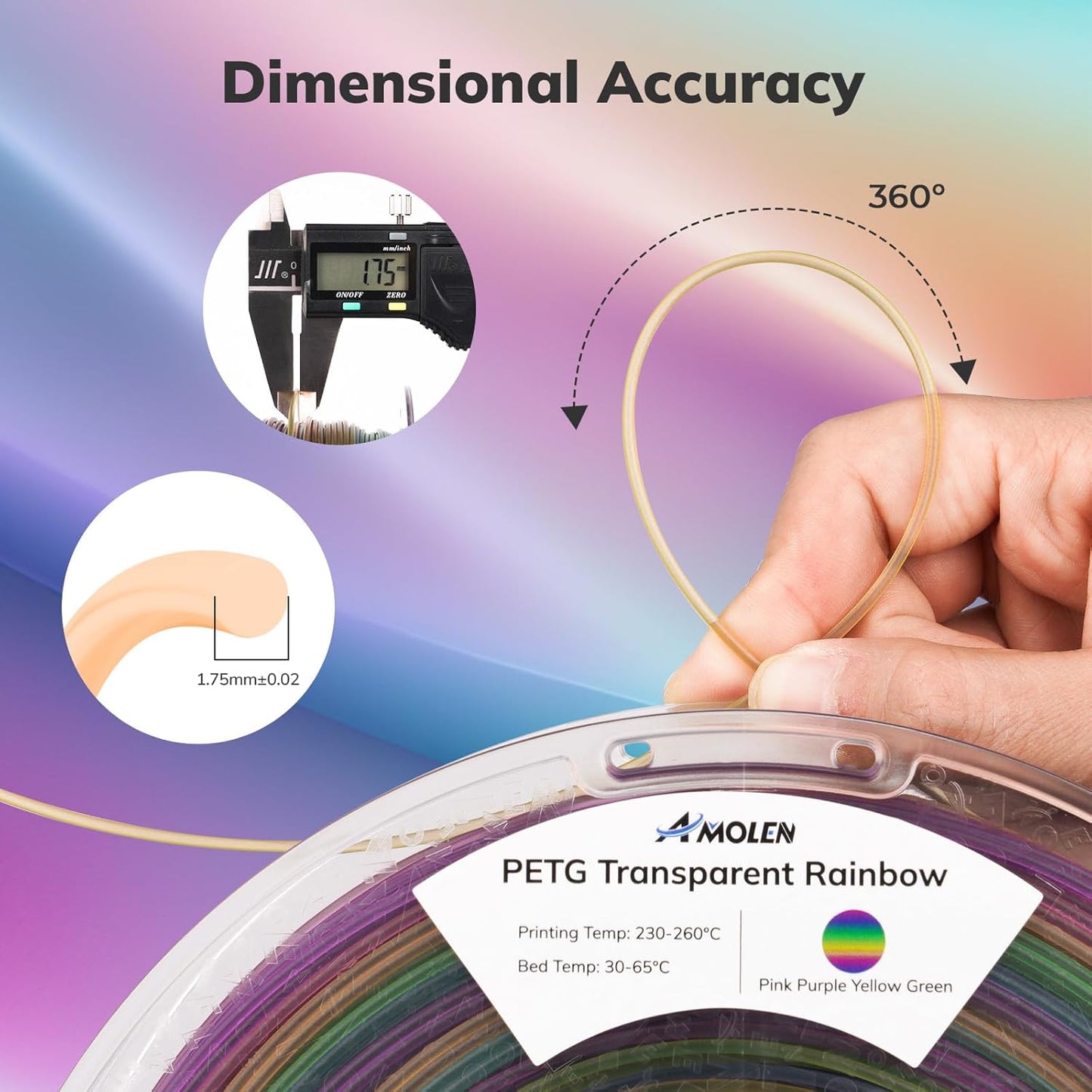 AMOLEN 3D Printer Filament, PETG Filament 1.75mm PETG Multicolor Rainbow -Pink Purple Yellow Green