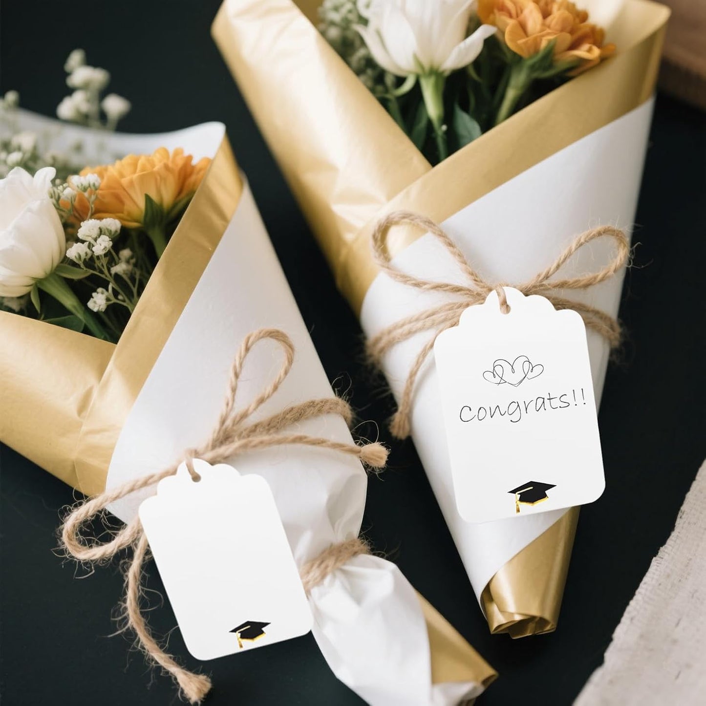 100Pcs Blank Gift Tags with String Foil Black Gold Grad Cap Large Paper Gift Tags with 65 Ft Jute Twine for Congratulations Graduation Congrats Grad Class of 2025 Party