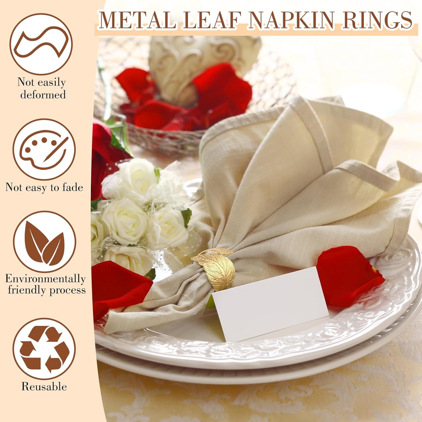 Bokon 100 Pcs Gold Napkin Rings for Wedding Shiny Metal Napkin Holder Study Leaf Shaped Table Decor for Dinner Parties Celebrations Receptions Thanksgiving Easter Christmas