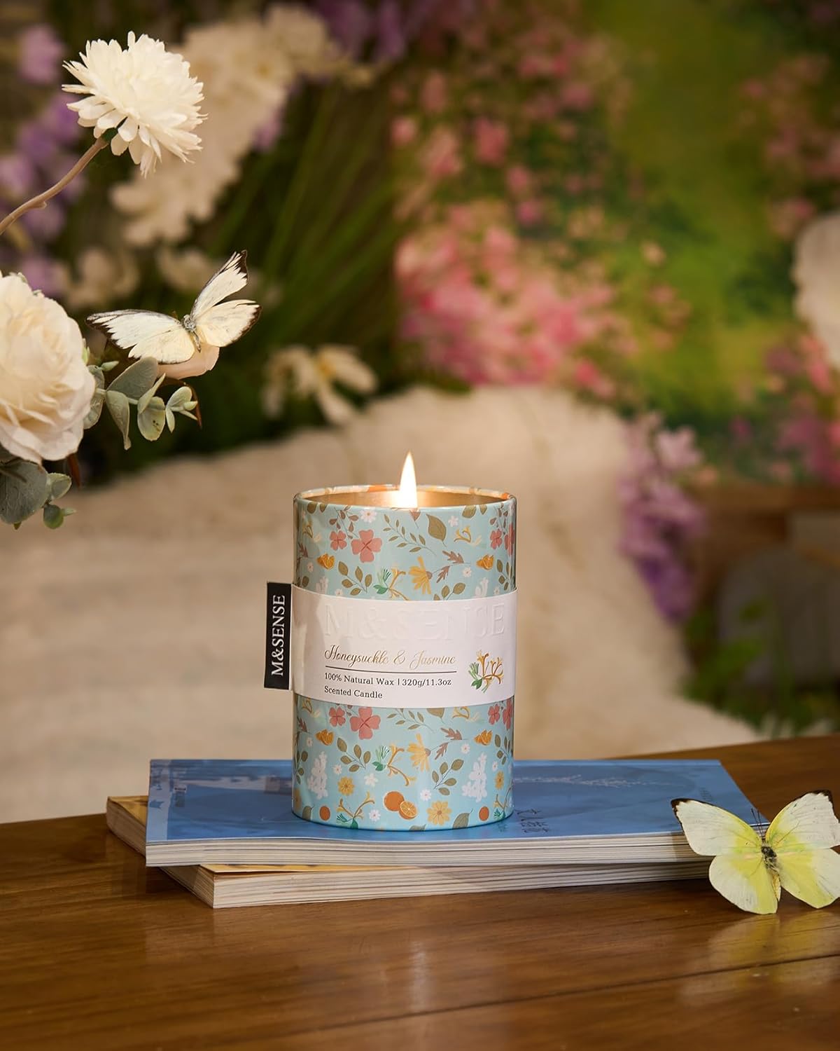 M&SENSE Honeysuckle Jasmine Scented Candle, Medium Jar Candle 11.3oz Natural Soy Wax for Home Scented, Floral Candles Gift for Spring Holiday, Up to 70 Hours Burning Long-Lasting Fragrance