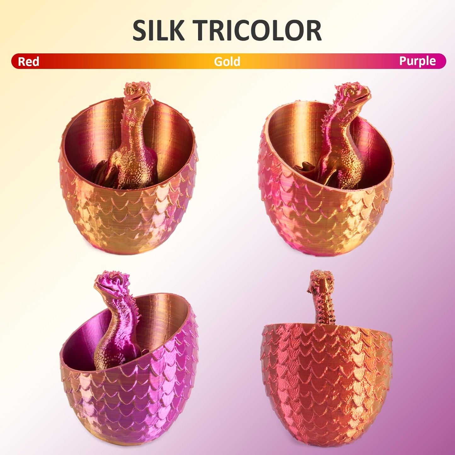 Geeetech Silk PLA Tri Color Filament 1.75mm 3D Printer Filament, Coextrusion Red Gold Purple Tri-Colors Metal-Like Shiny Silk PLA Filament, 1kg (2.2lbs) 1 Spool, Dimensional Accuracy +/- 0.02 mm