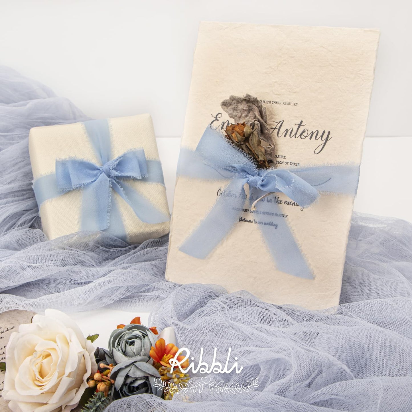 Ribbli Light Dusty Blue Ribbon 1 Inch x 3 Rolls Total 24 Yards Light Blue Handmade Fringe Chiffon Silk Ribbon for Wrapping Wedding Invitations Bridal Bouquets DIY Crafts Home Decor