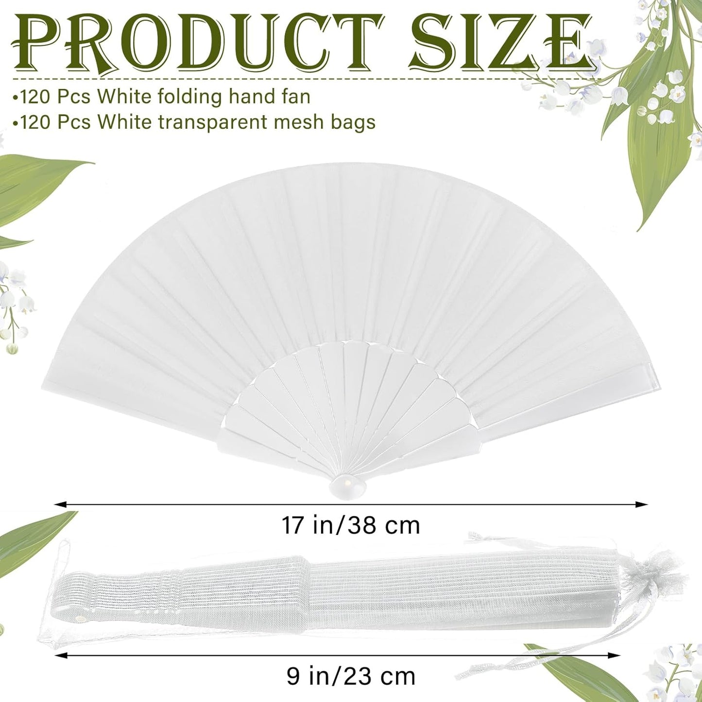 Wenqik 120 Pcs Wedding Folding Hand Fans Bulk Silk Fabric Chinese Handheld Foldable Clack Fans with Plastic Ribs for Party, Wedding Gifts, Line Dancing, Home Decorative (White)