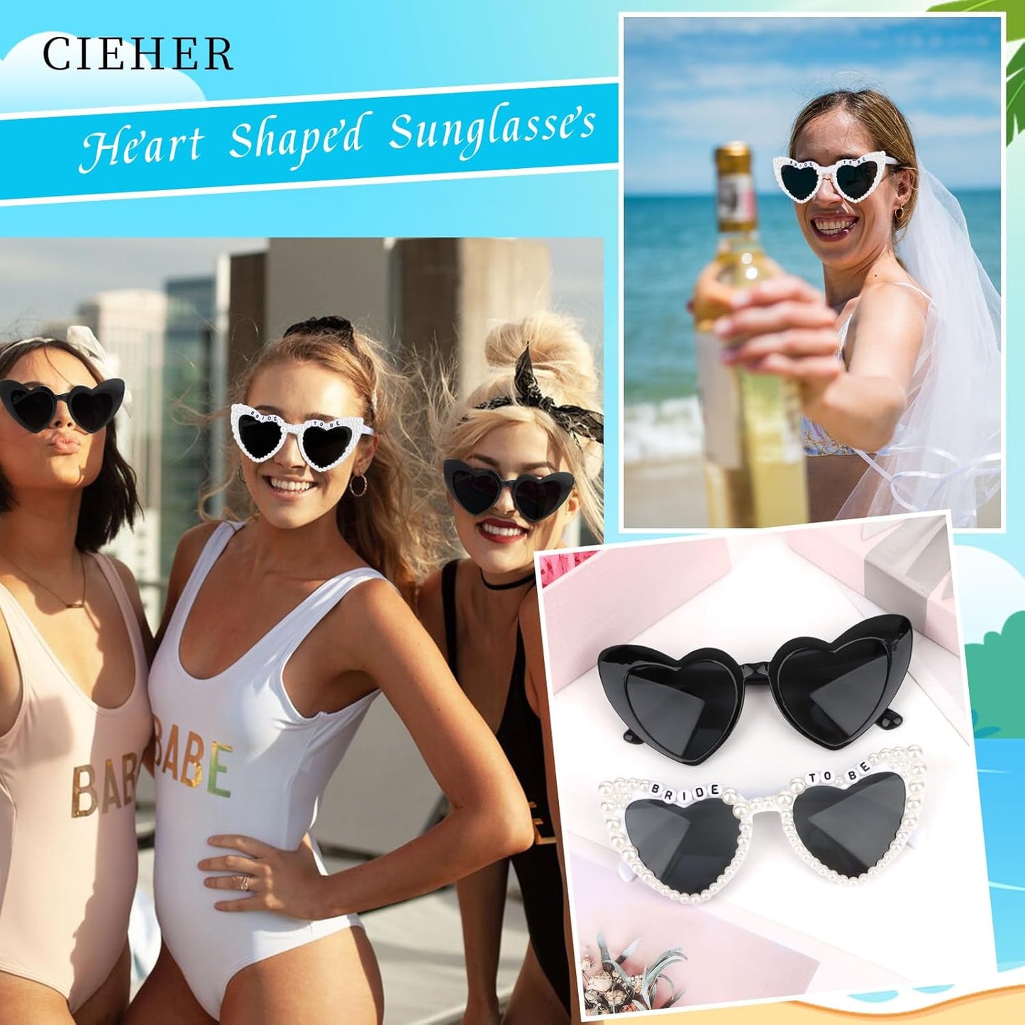 CIEHER Bachelorette Party Favors - White Black Heart Sunglasses for Bride Bridesmaid