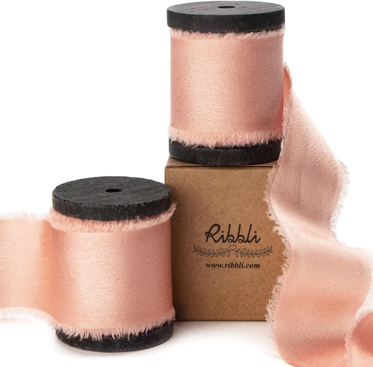 Ribbli Rose Gold Silk Satin Ribbon 1.5 Inch x 12 Yard Handmade Frayed Chiffon Ribbon with Wooden Spool for Gift Wrapping, Wedding Invitations, Bridal Bouquets, Home Decor