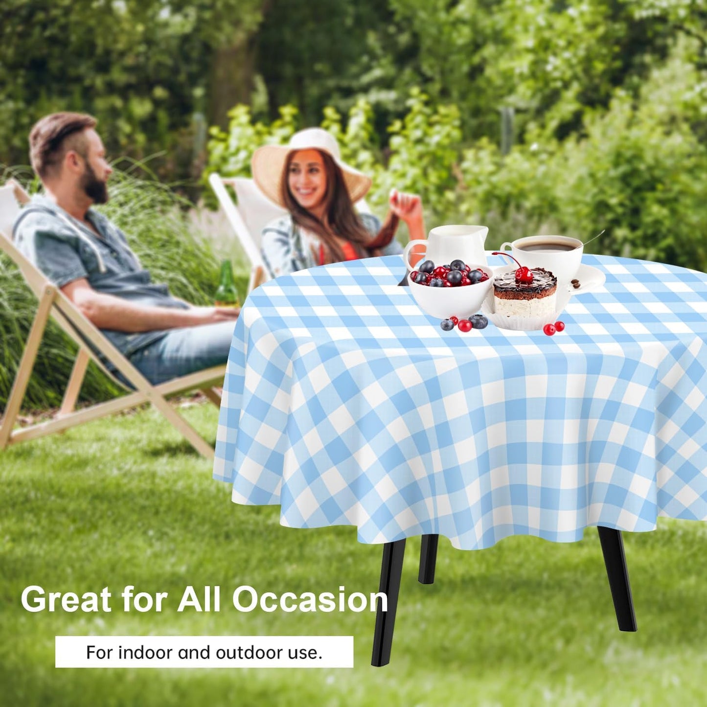 QIKSION Blue Gingham Round Tablecloth 3 Pack, 84 Inch Plastic Checkered Table Cover Disposable for Parties