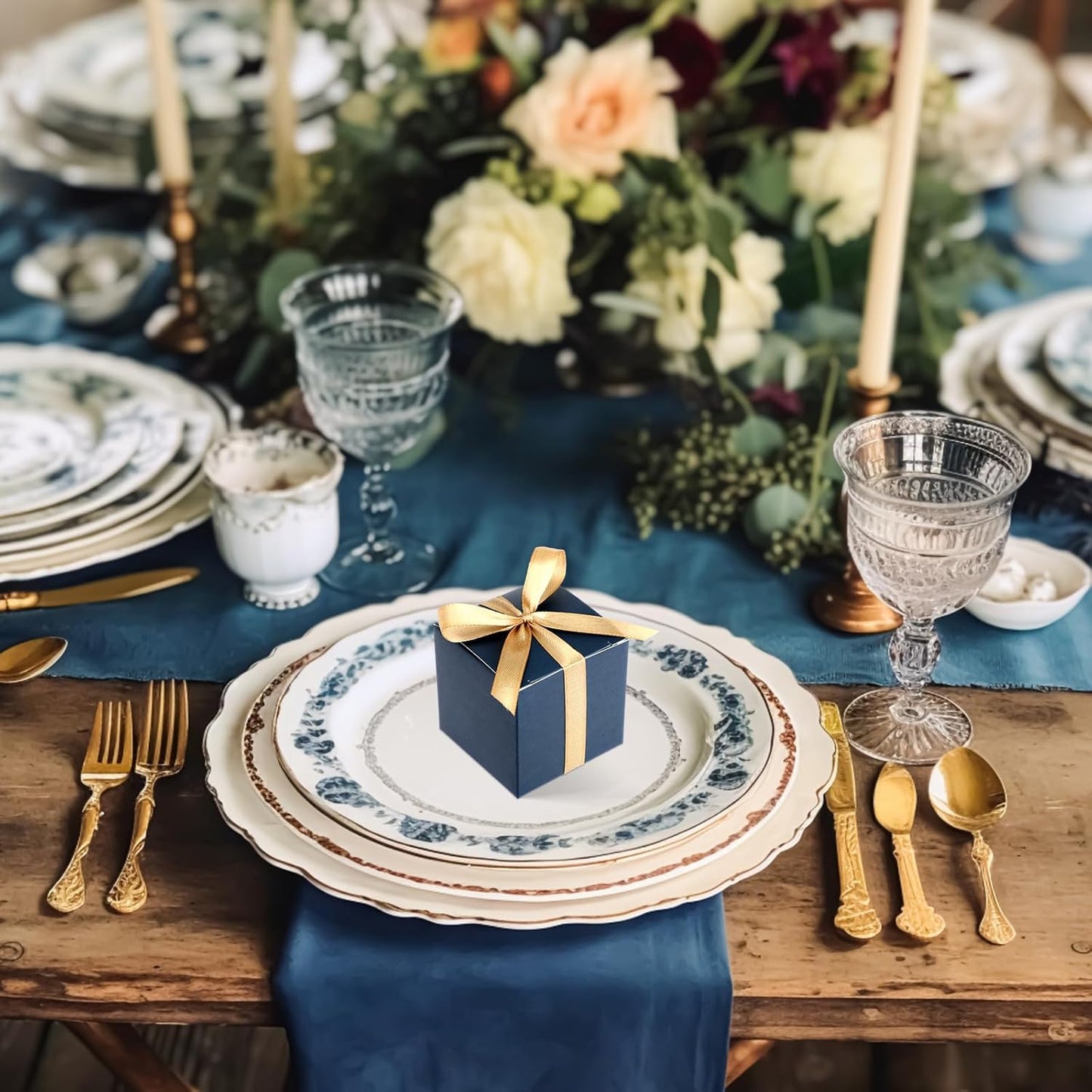 Jutom 100 Pcs Mini Favor Boxes Extra Small Candy Boxes Paper with Gold Ribbon for Christmas Thanksgiving Day Birthday Wedding Anniversary Supplies(2 x 2 x 2 Inch,Navy Blue)